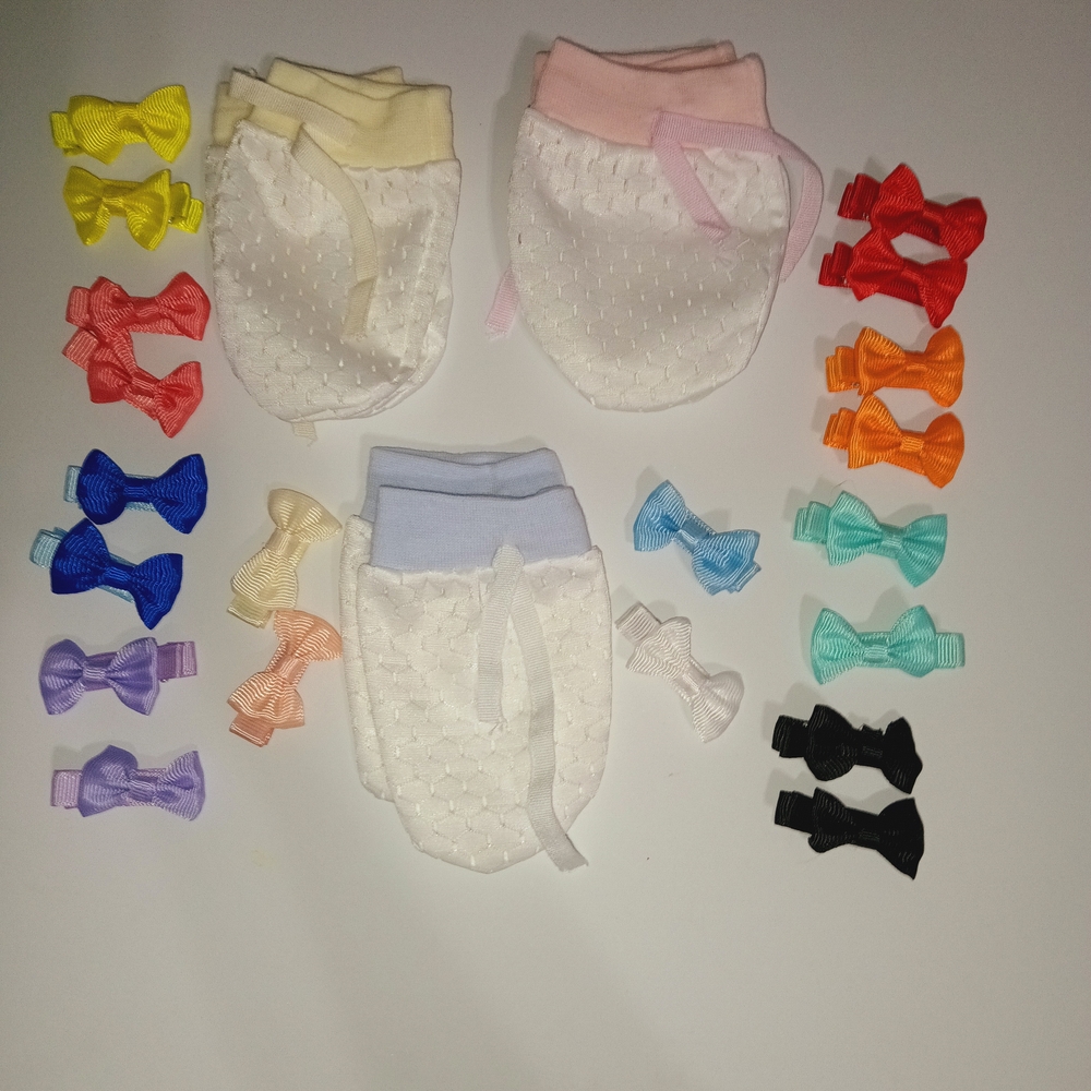 Baby Mittens and Bow Clip Set - Pastel White Mittens with Multi-Colored Bows